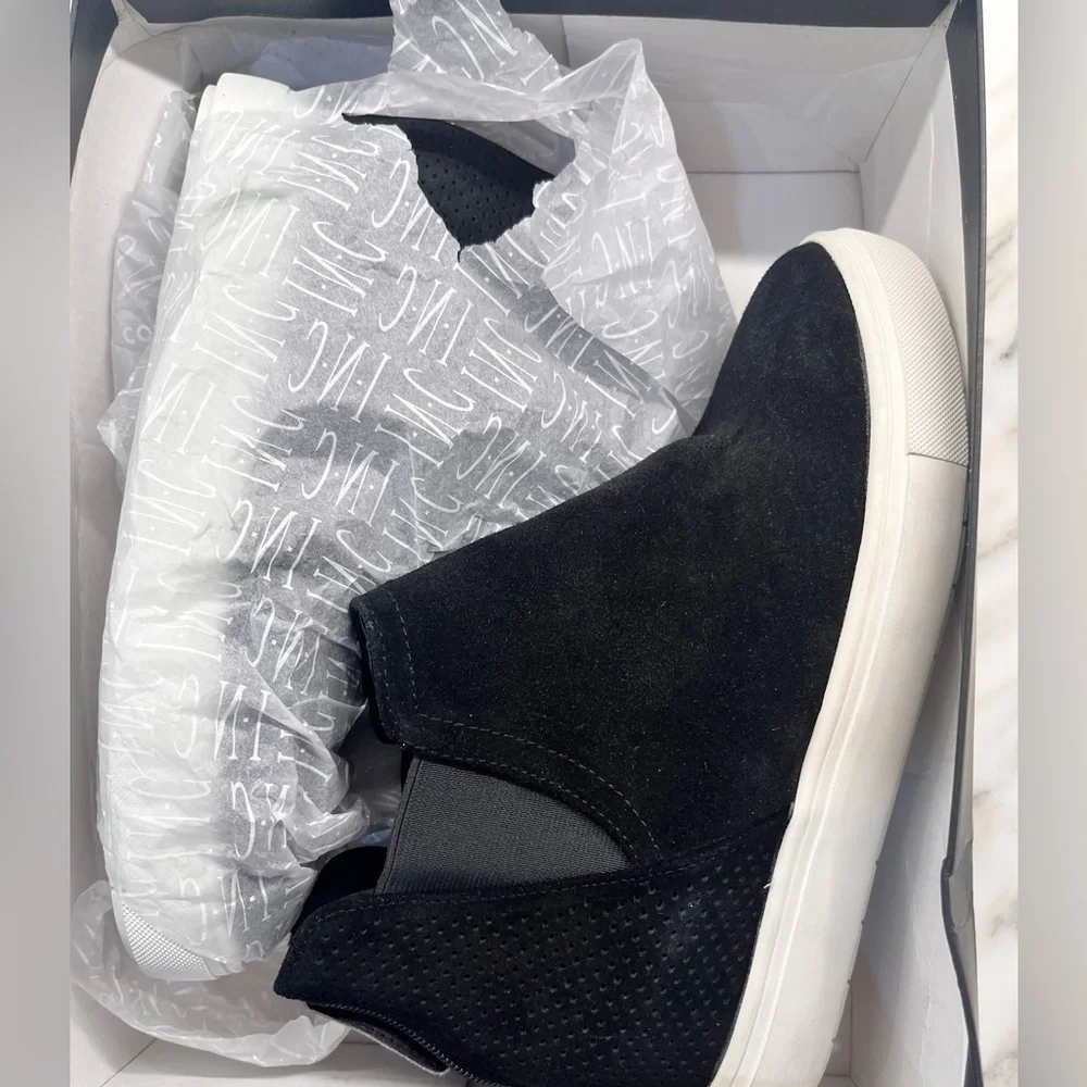 New! INC Suede Tayla Sneakers Hi-Top Black Platform Wedge Heel Fashion Sneaker - Picture 10 of 13